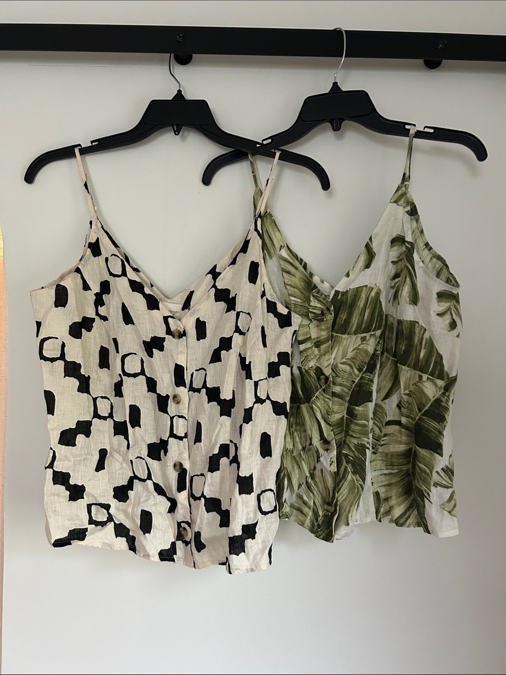 H&M Two-Pack V-Neck Linen Camisoles in Cream/Black & Green Leaf